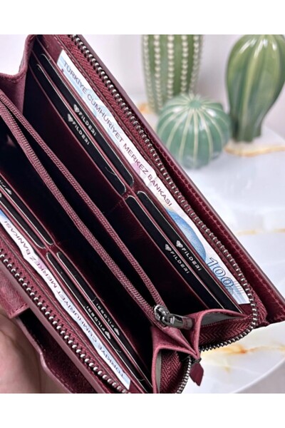 Fil Deri Genuine Leather Women's Wallet with Handle and Phone Compartment Long Claret Red Color 2040