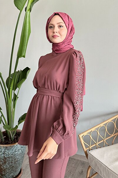 InStyle Kolu İnci Beli Büzgülü Gül Kurusu Takım