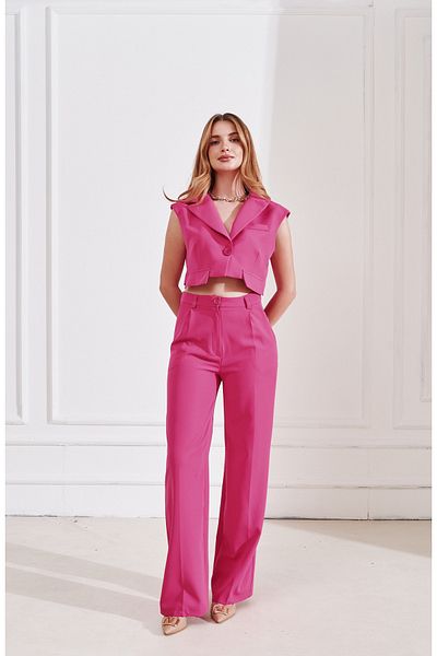 Rabia Çelik Fuchsia Women's Jacket and Trousers Set - Pocket Detailed Dress
