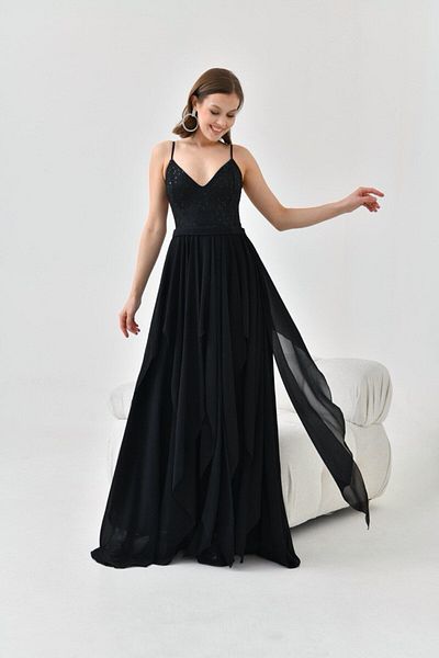 lovebox Sequin Chiffon Women's Evening Dress - Cross Lace and Button Detail, Waist Corded 9348