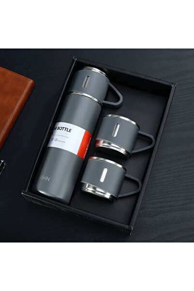 Verahed Paslanmaz Çelik Sızdırmaz Vakumlu Hediye Paketli 450ml 3 Bardaklı Termos Seti Çay Kahve Termosu
