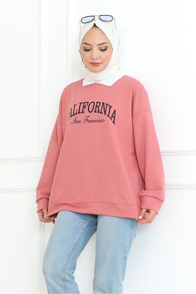 Bestenur 1099 Model California Printed Dried Rose Tunic - Shirt Collar