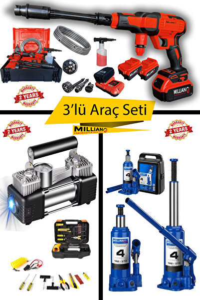 Millian Basınçlı 10 Pilli 2 Akülü Şarjlı Oto Yıkama + 4 Ton Şişe Kriko + 12 V...