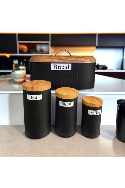 Genel Markalar 4'lü Metal Kavanoz Set Ekmeklik Sugar-tea-coffee Siyah