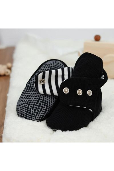 Ella Bonna Organic Cotton Corduroy Baby Shoes, Non-Slip Sole, Striped Nursery Shoes Booties, Black