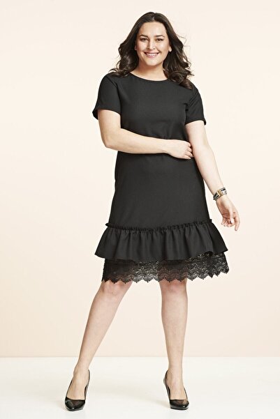 Even Plus Size - Büyük Beden Kadın Giyim Siyah Etek Ucu Dantel Büyük Beden El...