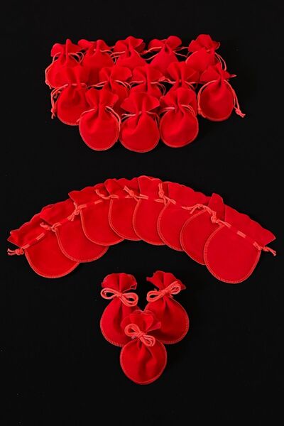 ZEYMERADE Kadife Kına Çerez Altın Takı Minik Kese Kırmızı 10 Adet Ölçü 7x9cm