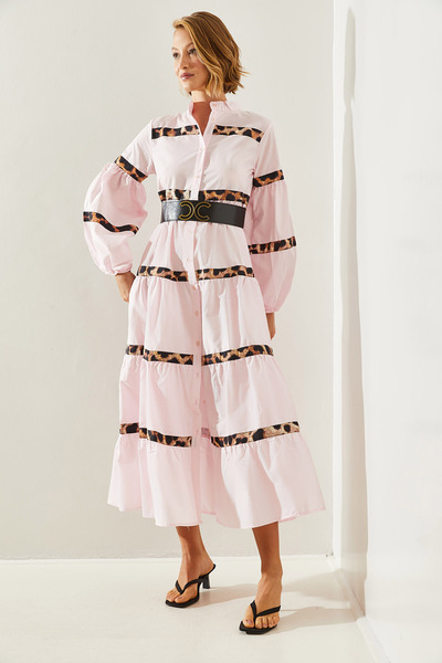 Bianco Lucci Leopard Print Women's LonG Shirt Dress - Stripe Detailed, Model 21751 60251632