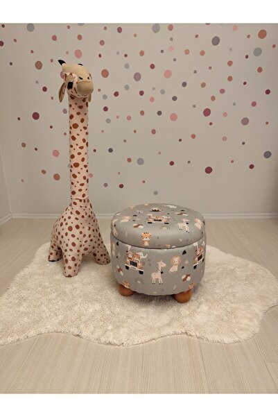 pufftable Ahşap Top Ayaklı Çocuk Pufu, Oyuncak Sepeti,  Teddy Kumaş 42 cm Cev...