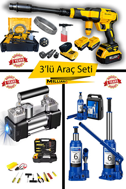 Millian Basınçlı 10 Pilli 2 Akülü Şarjlı Oto Yıkama + 6 Ton Şişe Kriko + 12 V Işıklı Kompresör ve Tamir Kiti