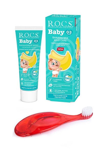 R.O.C.S. Rocs Baby 0-3 Years Banana Puree Flavored Toothpaste 45g + Toothbrush Set Red