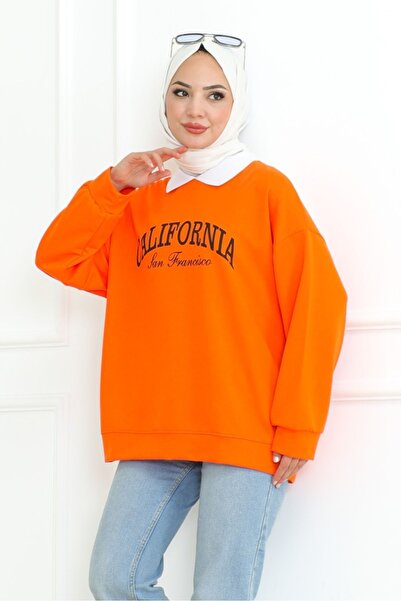 Bestenur Orange California Printed Shirt Collar Tunic 1099