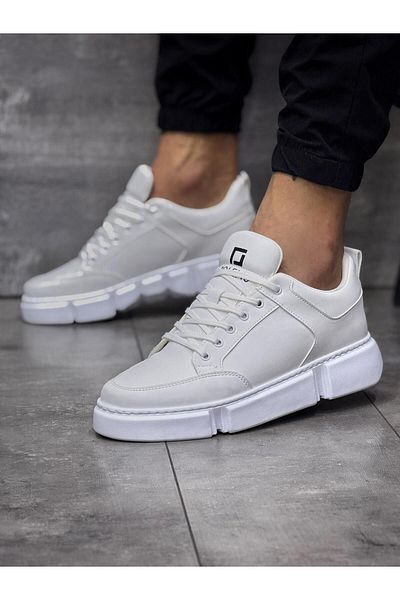 POLENS Men's White Casual Sneakers - 100% Leather, Flexible Sole
