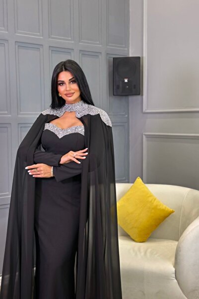 Helen Fashion Dabıl Tasarım Şifon Pelerinli Taş Aksesuarlı Göğüs Dekolteli El...