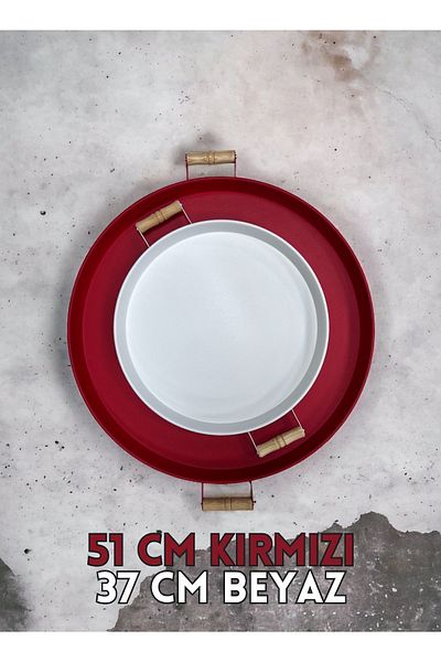 kitchen trend 51 Cm Red 37 Cm White 2 Piece Metal Round Tray Presentation Tray Tea Coffee Tray