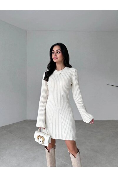 Genel Markalar Kadın Bisiklet Yaka Kloş Mini Fitilli Kışlık Triko Elbise 10NMR2966