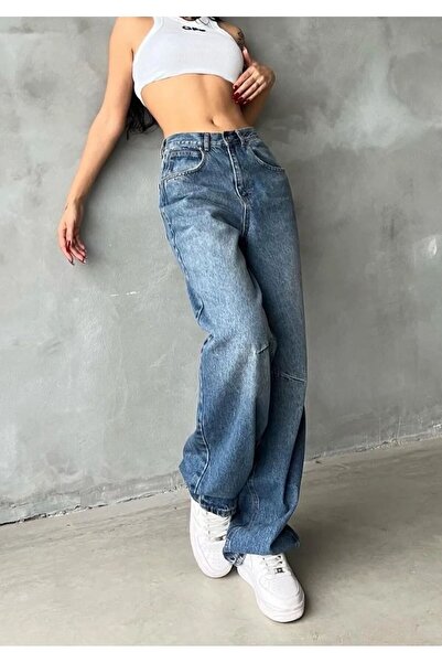 Shield Life Spreyli Tibet Toka Detaylı Bol Kesim Geniş Paça Rahat Baggy Jean Kot Salaş Kadın Pantolon Jangan