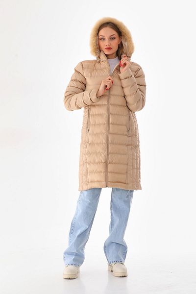 BİKELİFE Women's Beige Long Padded Fur Hooded Puffer Coat