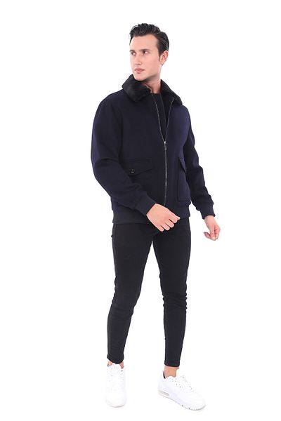 ŞAN GİYİM 2627 Men's Navy Blue Zippered and Pocketed Fur Collar Coat