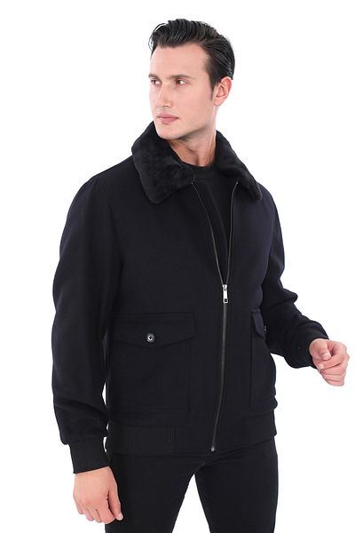 ŞAN GİYİM 2627 Men's Black Zippered Fur Collar Pocket Jacket