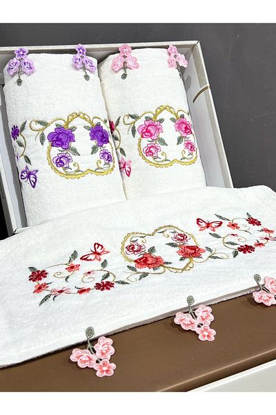 AYHANHOME Βελούδινη πετσέτα χεριών και προσώπου 50x90 - 3 τμχ Κεντητό κουτί προίκας