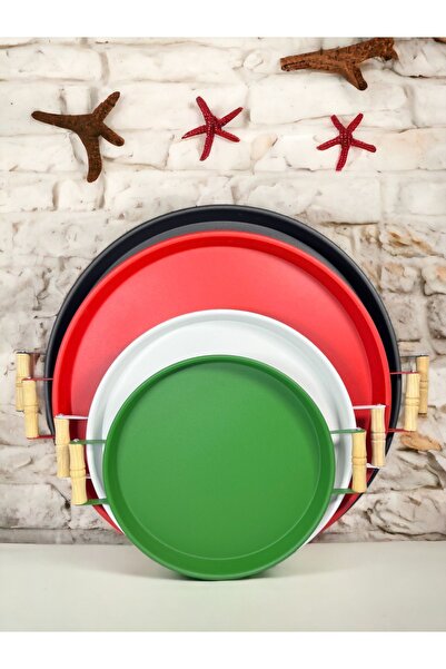 kitchen trend 4 قطع 51 أسود، 45 أحمر، 37 أبيض، 30 أخضر صينية معدنية مع مقابض خشبية مجموعة صينية تقديم صينية الشاي