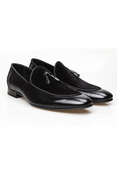Butik Black Color Velvet Laceless Men's Genuine Leather Shoes