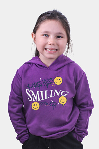 YA KO KİDS Hanorac mov cu glugă pentru fetiță cu imprimeu zâmbitor