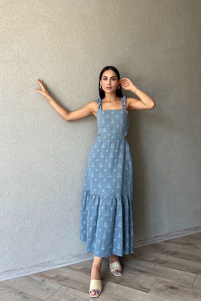 Seda Yalçın Atelier Blue Print Dress with Ruffled Sleeves and Tie-Up