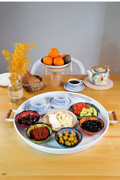 kitchen trend 51 Cm White 37 Cm Red 2 Piece Metal Round Tray Presentation Tray Tea Coffee Tray