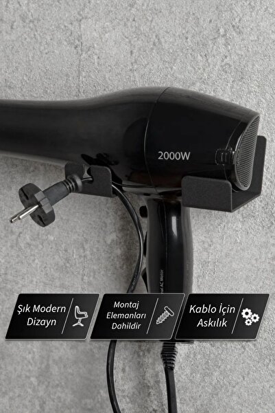 3art Metal Siyah Saç Kurutma Makinesi Askısı - Metal Fön Makinesi Rafı Banyo Askısı