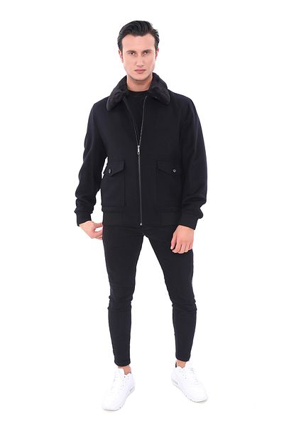 ŞAN GİYİM 2627 Men's Black Zippered Fur Collar Pocket Jacket