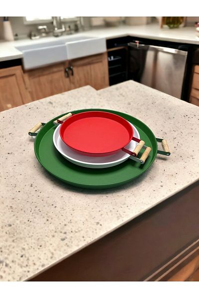 kitchen trend 3 Piece 45green, 37white, 30red Metal Tray with Wooden Handles Tea Tray Presentation Tray Set