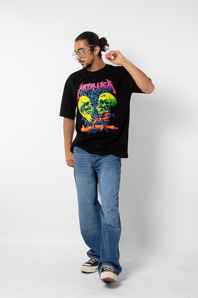 Sekizbiraltı Metallica Skull Printed 24/1 Oversize Unisex Μαύρο Tshirt