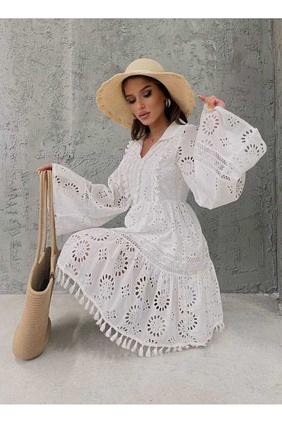 Kısmetin Butiği WOMEN'S Scallop Brode White Dress SPECIAL DESIGN FOR DIFFERENCY LOVES