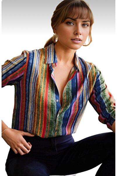 Cassime Színes csíkos viszkóz női ing - gombos