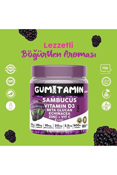Gumitamin Sambucus Multivitamin Karamürver, Vitamin C+d3, Çinko, Beta Glukan Doğal Böğürtlen Aromalı
