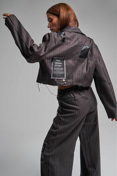its basic Anthracite Colored Striped Women's Jacket - Special Fabric Design