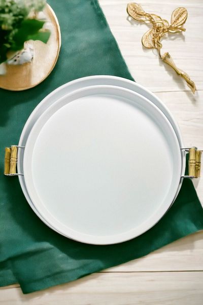 hemlife 2 Wooden Handles, 51 cm Metal Tray and 45 cm White Tray Tea Coffee Presentation Tray