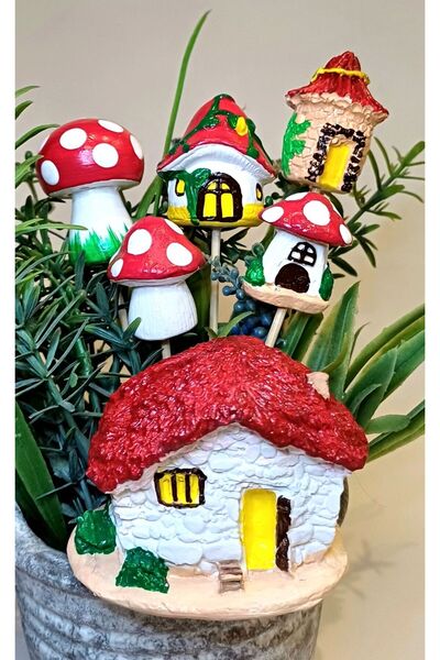 Dekoratif atölye 5li Mantar Saksı Süsü ve 1 Dağ Evi - Elyapımı Taş Süsler  -Teraryum Malzemesi - Bahçe Balkon Süsü