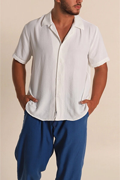 FUWEAR Cămașă albă pentru bărbați - Mânecă scurtă, guler Apaj, Ayrobin