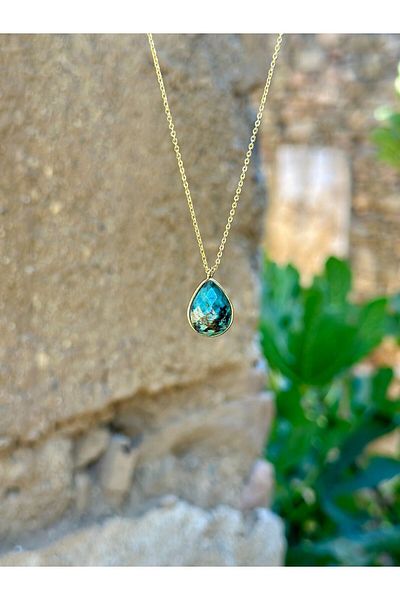 Gökçeada Turquoise Faceted Natural Stone - Water Drop Non-Tarnish Necklace