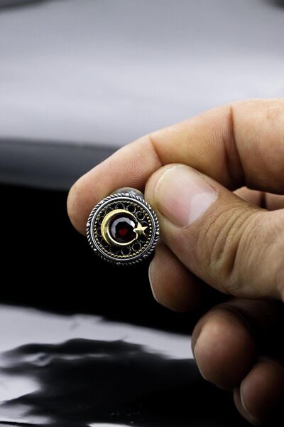 Sahra Gümüş Türk Bayrağı Yakut Taşlı Oksitli Telkari Gümüş Rozet