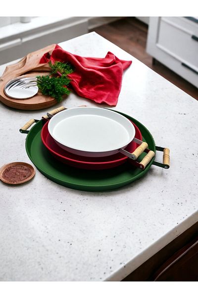 kitchen trend 3-Piece 45Green, 37Red, 30White Wooden Handle Metal Tray Tea Tray Presentation Tray Set