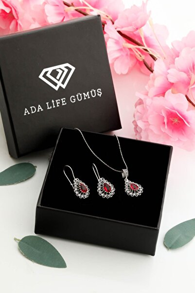 ADA LİFE GÜMÜŞ 925 Ayar Gümüş Taşlı Damla Model Oksitli Telkari Kadın Set (ÖZEL KUTULU)