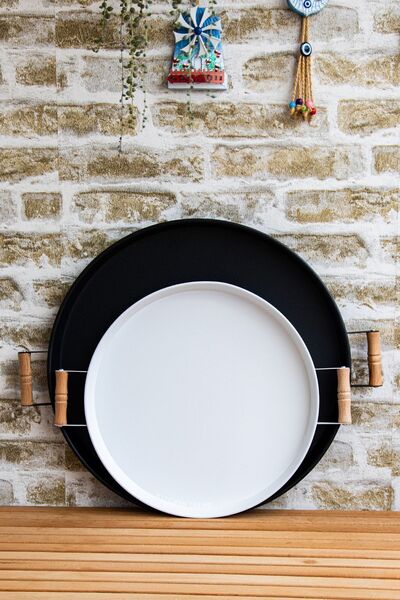 kitchen trend Set of 2 45 cm Black Metal Tray with Wooden Handles and 37 cm W...