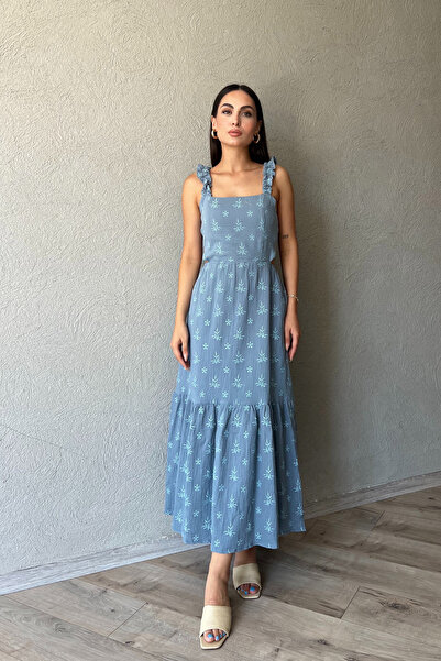 Seda Yalçın Atelier Φόρεμα με βολάν μανίκια και δέσιμο με μπλε στάμπα