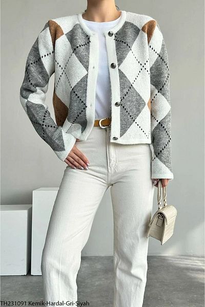 Puella Cardigan multicolor pentru damă, cu gât roșu, gri cu diamante, cu nasturi argintii