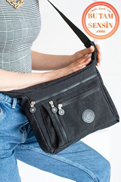 Bu Tam Sensin Siyah Kadın Su Geçirmez Krinkıl Kumaşlı Fermuarlı 5 Bölmeli Ort...