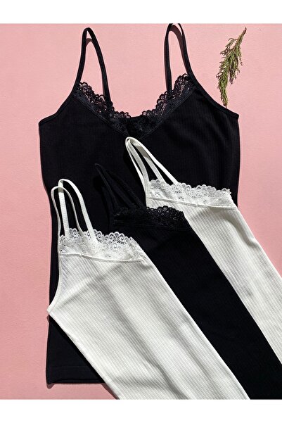 LEYNA BUTİK Tricou cu 4 frânghii din bumbac, lycra, dantelă, tricot cu nervur...